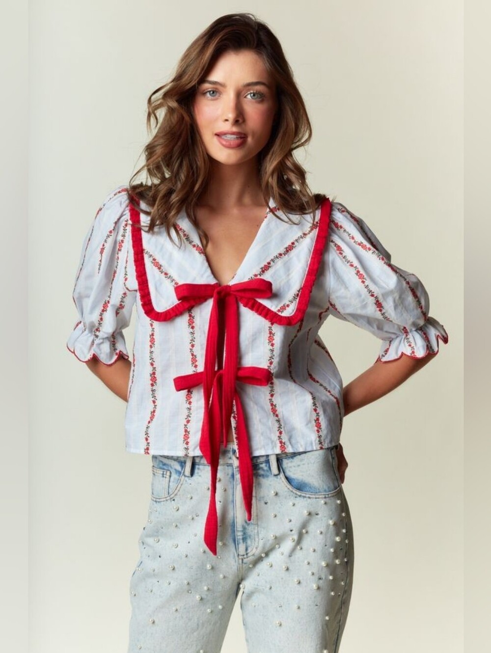 Rareraw Sailor Floral Embroidered Tie  Blouse Size Small